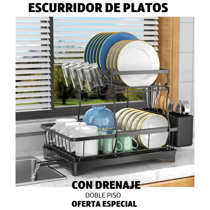 OFERTA ESPECIAL  | Escurridor Platos Secaplatos Acero Inoxidable Cocina 2 Pisos Negro