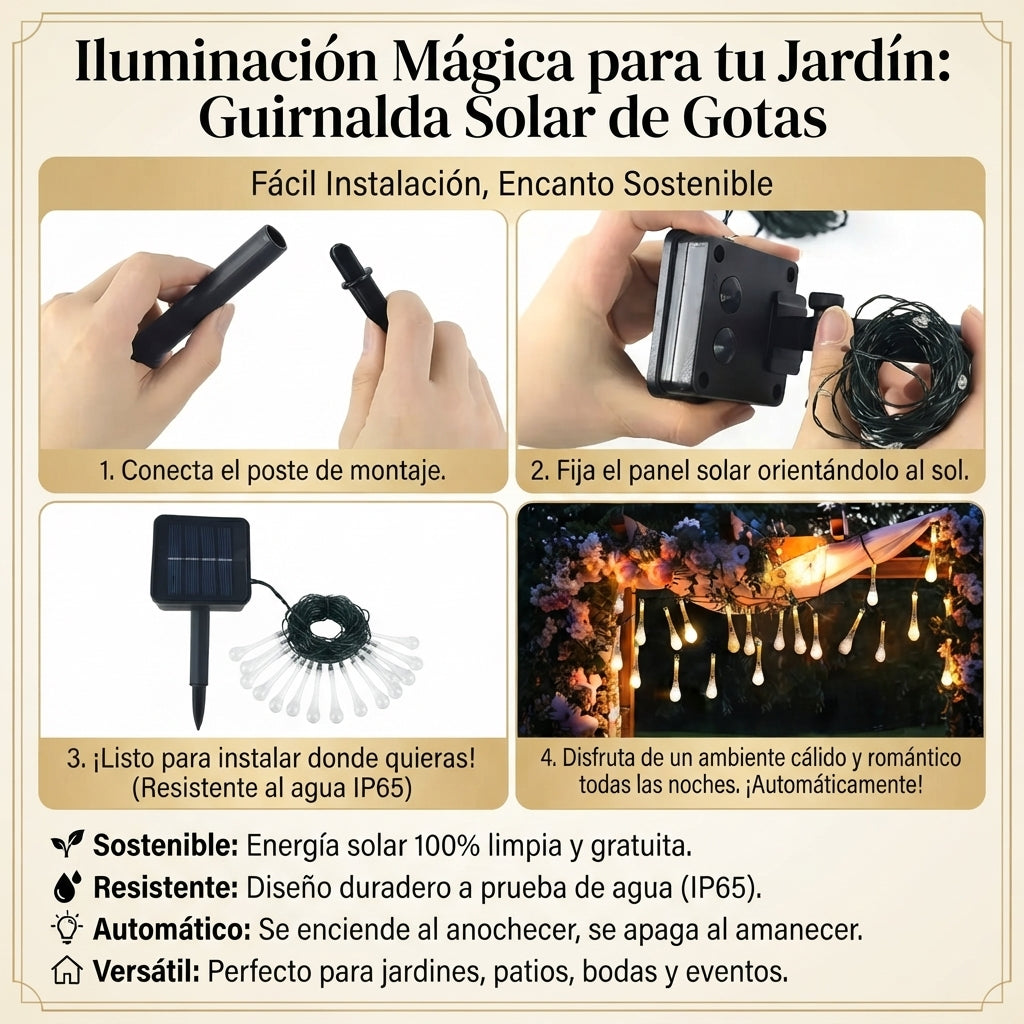 Magia🌟 Solar para tu Jardín: Guirnalda de Cristales 💦 en forma de Gotas😉 10Mts_100Led 🤯