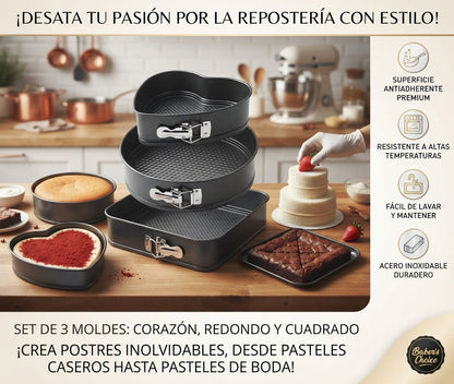 Set MasterBake 3 en 1: 🎂 La combinación perfecta de moldes desmontables🤯👉🏻 (corazón, redondo y cuadrado) para dominar cualquier receta.