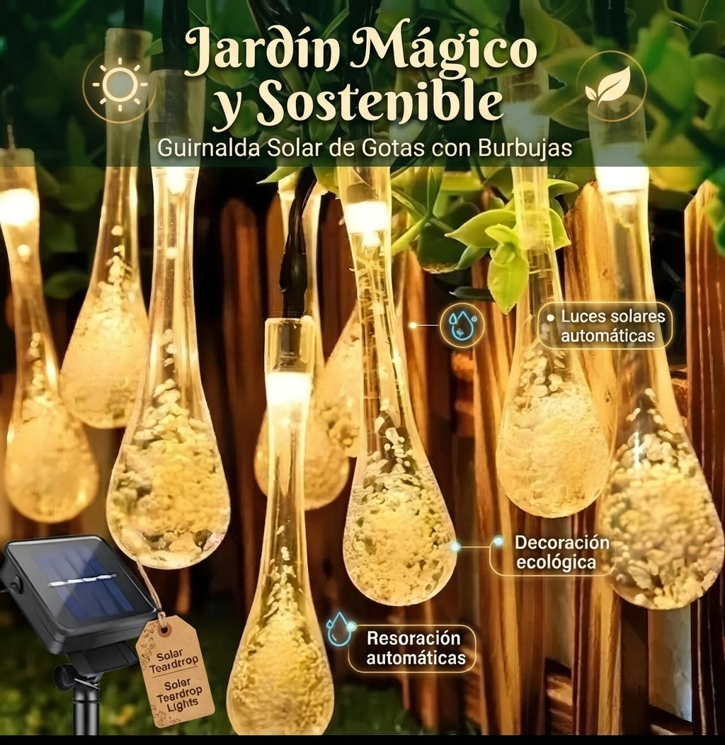 Magia🌟 Solar para tu Jardín: Guirnalda de Cristales 💦 en forma de Gotas😉 10Mts_100Led 🤯