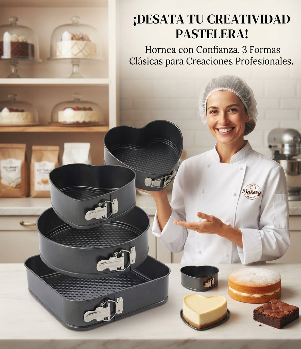Set MasterBake 3 en 1: 🎂 La combinación perfecta de moldes desmontables🤯👉🏻 (corazón, redondo y cuadrado) para dominar cualquier receta.