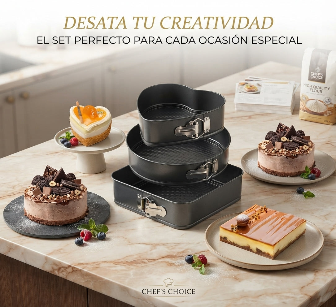 Set MasterBake 3 en 1: 🎂 La combinación perfecta de moldes desmontables🤯👉🏻 (corazón, redondo y cuadrado) para dominar cualquier receta.