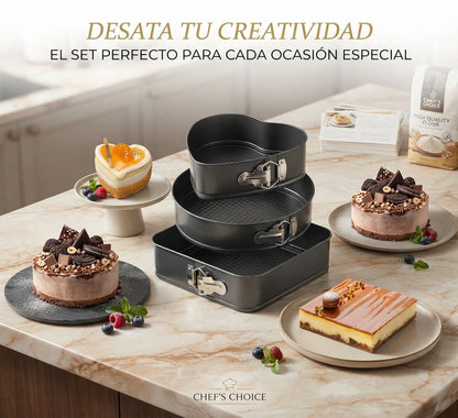 Set MasterBake 3 en 1: 🎂 La combinación perfecta de moldes desmontables🤯👉🏻 (corazón, redondo y cuadrado) para dominar cualquier receta.