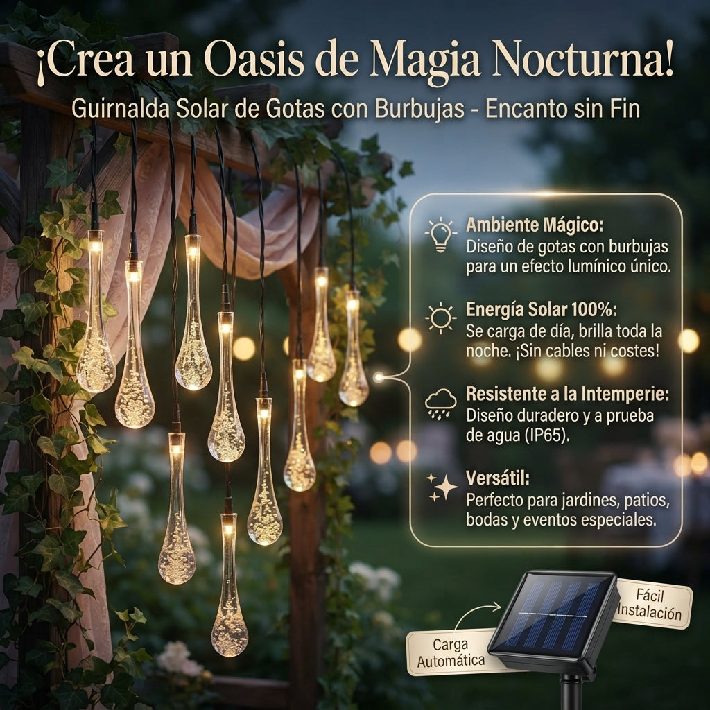 Magia🌟 Solar para tu Jardín: Guirnalda de Cristales 💦 en forma de Gotas😉 10Mts_100Led 🤯