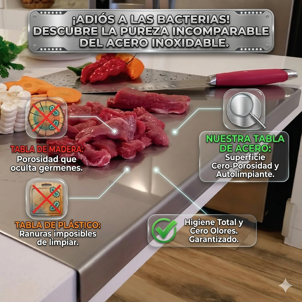COMBO TABLA EN ACERO INOXIDABLE 30×40 CM 👉🧑🏻‍🍳 + REGALO AFILADOR DE CUCHILLOS INOXIDABLE🔥