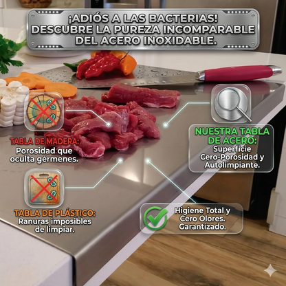 COMBO TABLA EN ACERO INOXIDABLE 30×40 CM 👉🧑🏻‍🍳 + REGALO AFILADOR DE CUCHILLOS INOXIDABLE🔥