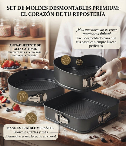 Set MasterBake 3 en 1: 🎂 La combinación perfecta de moldes desmontables🤯👉🏻 (corazón, redondo y cuadrado) para dominar cualquier receta.
