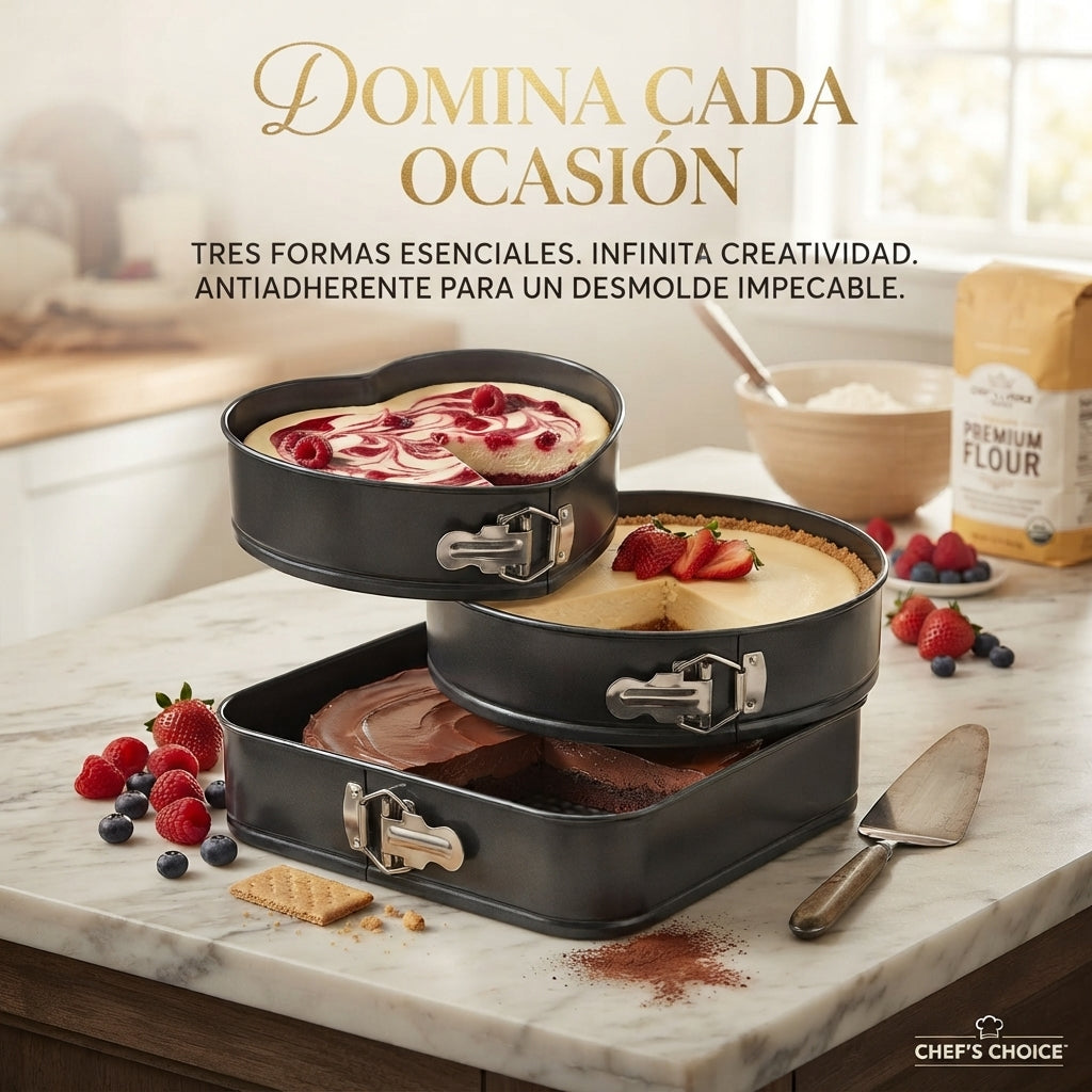 Set MasterBake 3 en 1: 🎂 La combinación perfecta de moldes desmontables🤯👉🏻 (corazón, redondo y cuadrado) para dominar cualquier receta.