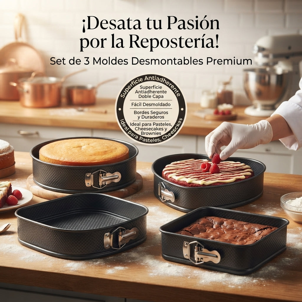 Set MasterBake 3 en 1: 🎂 La combinación perfecta de moldes desmontables🤯👉🏻 (corazón, redondo y cuadrado) para dominar cualquier receta.