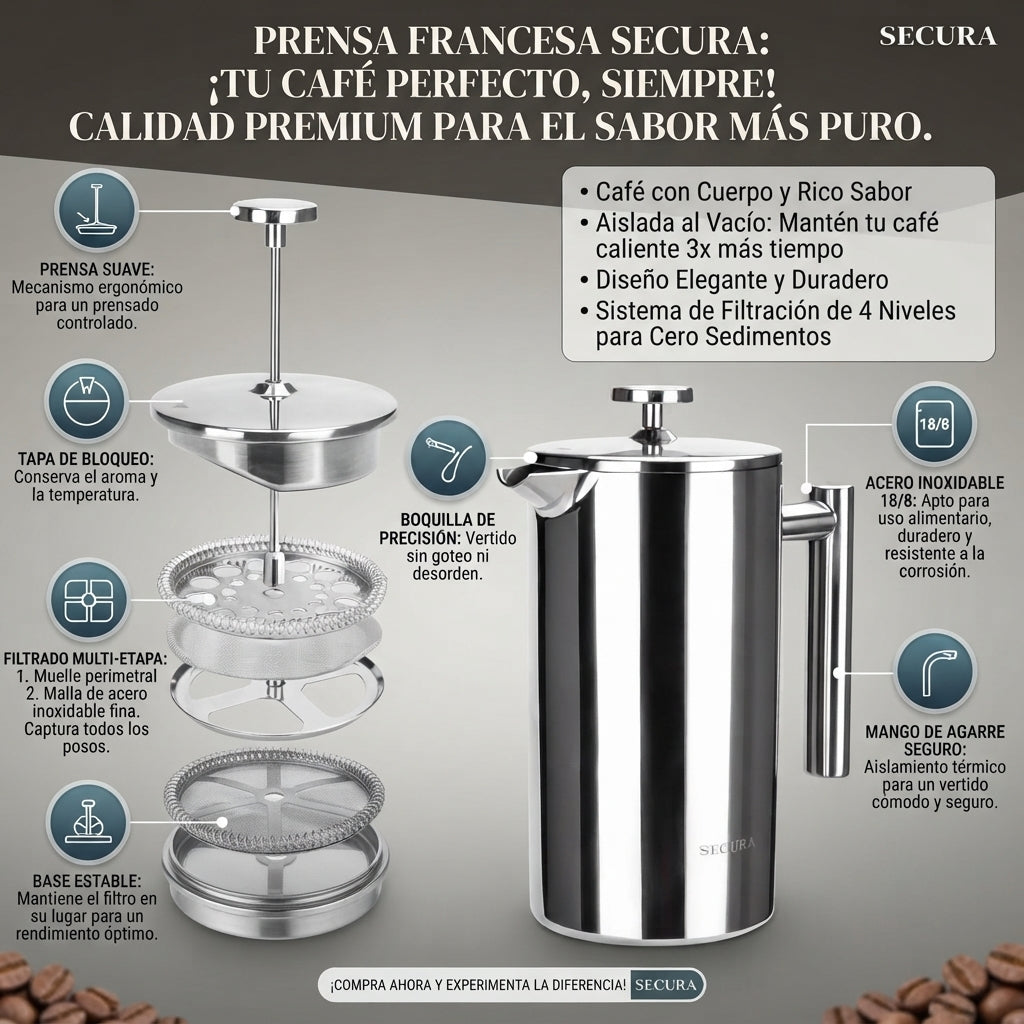 ☕Prensa Francesa de 1 Litro en Acero Inoxidable — El café colombiano que mereces, listo en 4 minutos☕